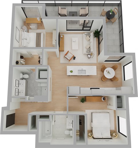 a 3d rendering of our 1 bedroom apartment at the crossings at white marsh apartments in white